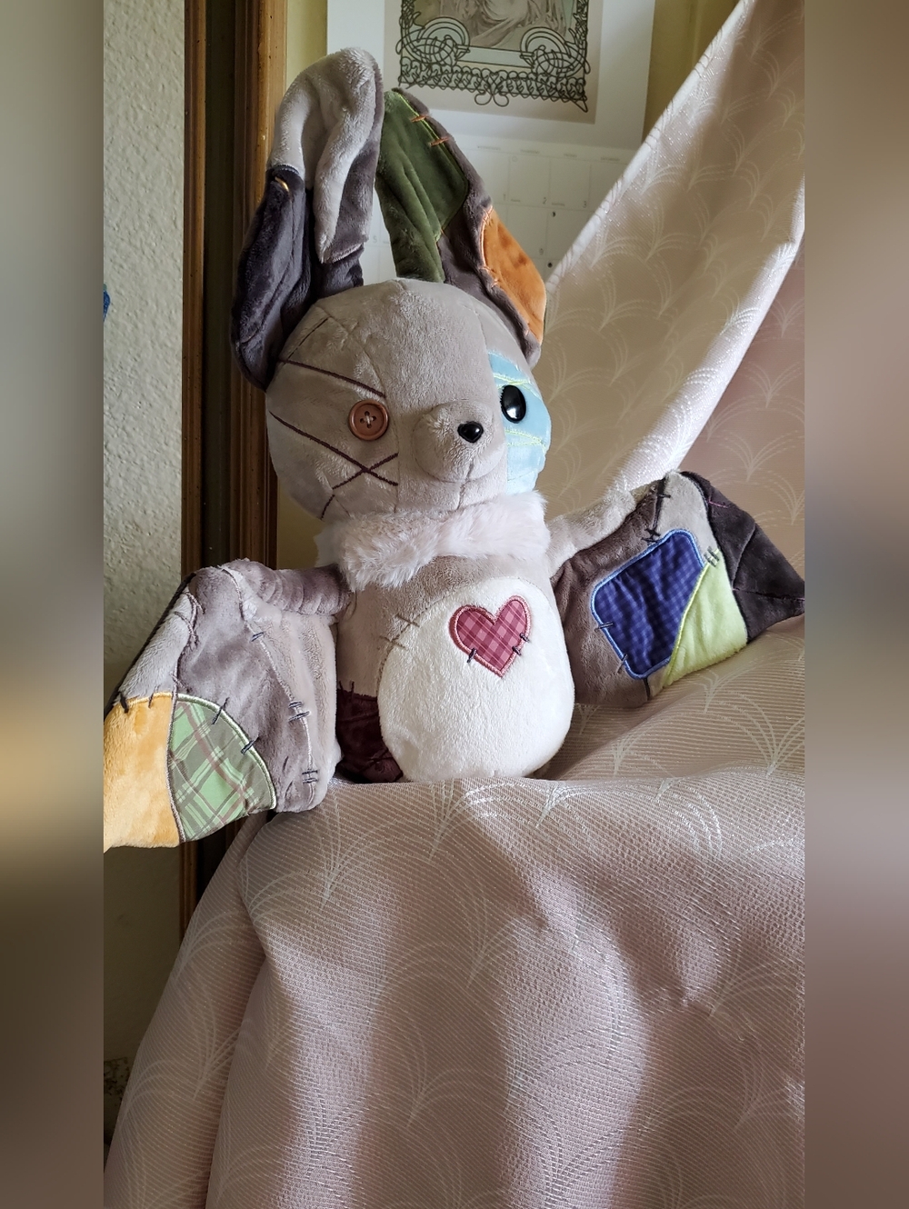 Bellzi Limited Edition Patchwork Plush Bat with Heart Detail - Multicolor